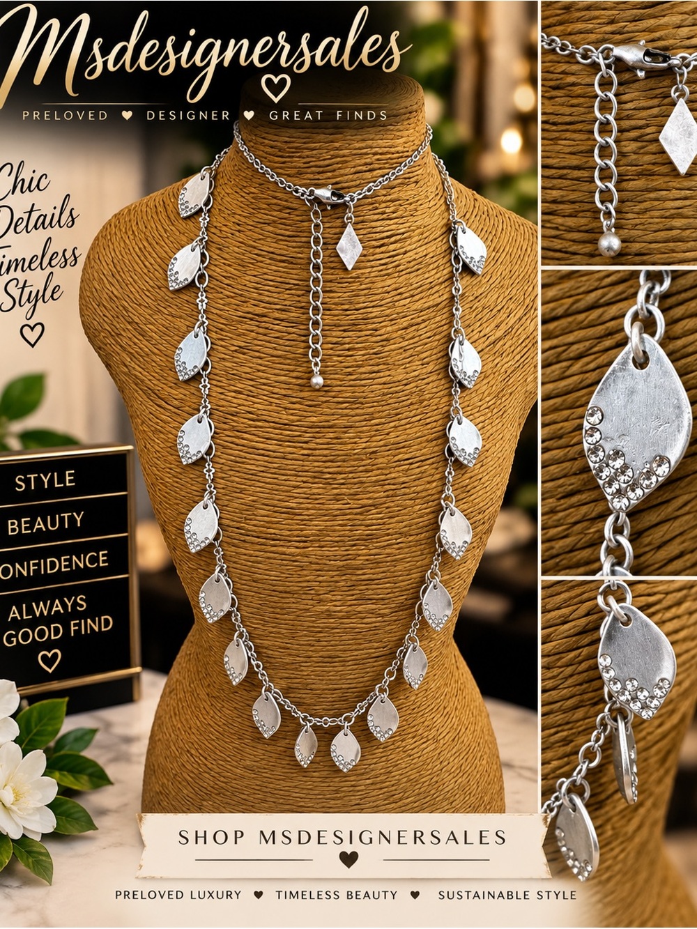 Silver Leaf Charm Long Necklace
